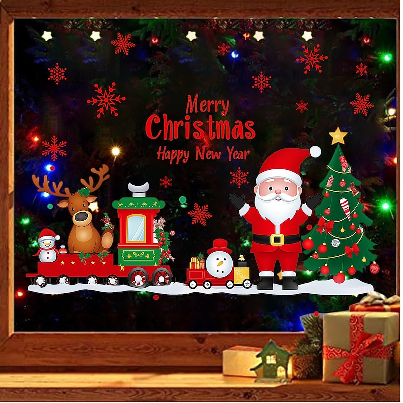 Christmas Sticker Wall Decals Cartoon Santa Claus Reindeer Snowflake Removable Vinyl Mural Holiday Party Shop Window Display Background Decoration For Home Bedroom Living Room2