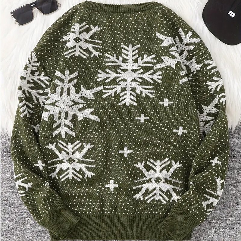 Christmas Men's Snowflake Pullover Sweater Jumper Knitwear Crewneck Casual Vacation Home Street 3D Print Knitting Keep Warm Long Sleeve Spring Fall Winter Black Green3