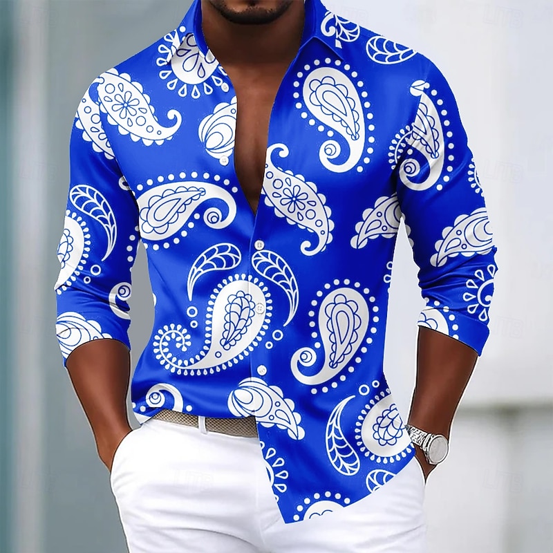 Men's Paisley Floral Print Ethnic Shirt Satin Shirt Dress Shirt Long Sleeve Vintage Retro Vacation Dailywear Summer Spring Fall Turndown 3D Print Button Up Shirts Black Blue Purple Khaki