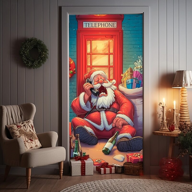 Christmas Door Cover Holiday Curtain Decoration Winter Theme Drapes Featuring Santa Claus And Phone Booth Print Large Fabric Panel Festive Home Decor For Living Room Bedroom Entryway Celebration3