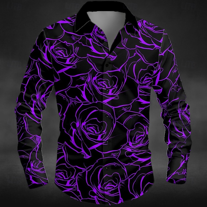 Men's Floral Print Day of the Dead Rose Shirt Button Up Shirt Long Sleeve Dark Gothic Style Outdoor Holiday Spring Fall Turndown 3D Print Collared Shirts Black Green Black / Purple Black-Red4