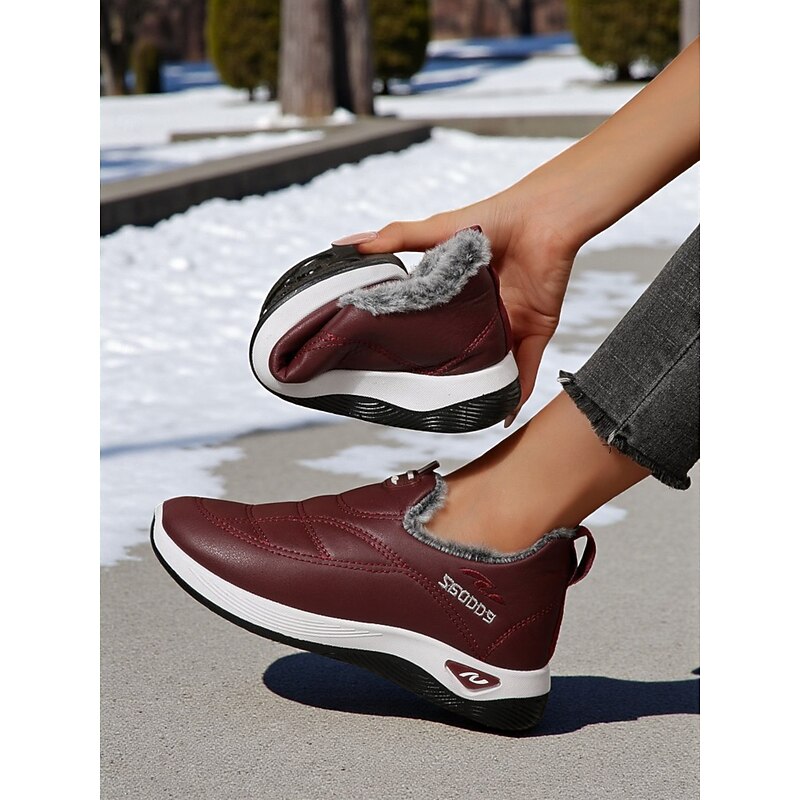 Women's Burgundy Winter Slip-On Sneakers – Faux Leather Warm Lined Shoes with Non-Slip Sole for Outdoor Casual Wear