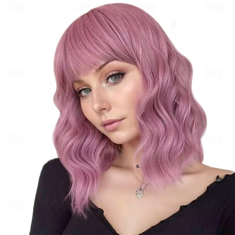 Wavy Wig With Air Bangs Women's Short Bob Purple Pink Wigs Curly Wavy Shoulder Length Pastel Synthetic Bob Wig for White Women Girls Daily Use Colorful Wigs2