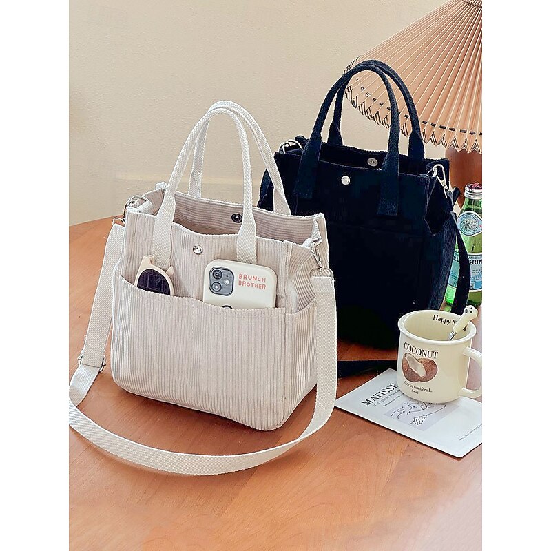 Women's Corduroy Tote Bag with Shoulder Strap – Casual Vintage Crossbody Handbag for Work, Travel, Shopping & Everyday Use