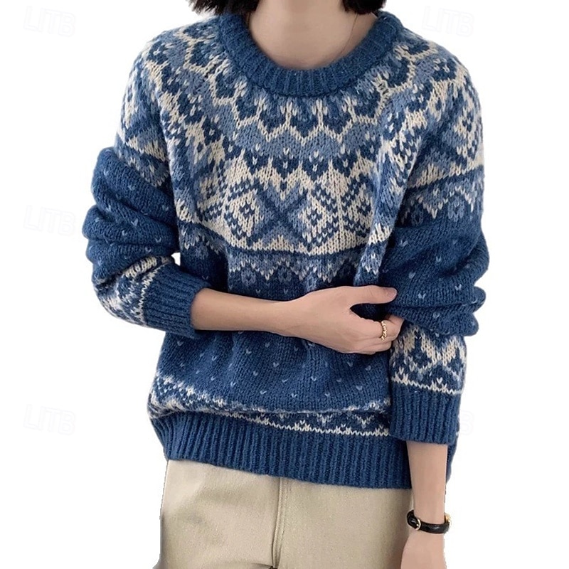 Women's Sweater Fair Isle Sweater Pullover Vintage Fashion Casual Geometric Ribbed Crew Neck Knitted Print Long Sleeve Regular Tops Knit Christmas Outdoor Daily Blue Fall Winter