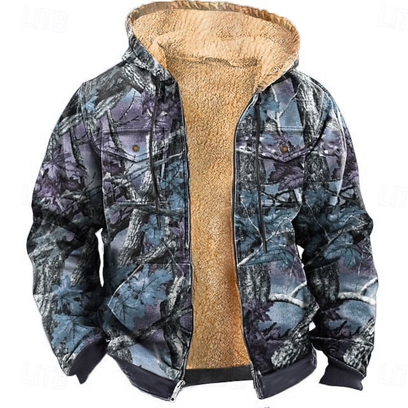 Men's Camo Camouflage Fleece Hoodie Jacket Fashion Cool Hooded Hunting Blue Purple Zipper Pocket Fall Winter Designer2
