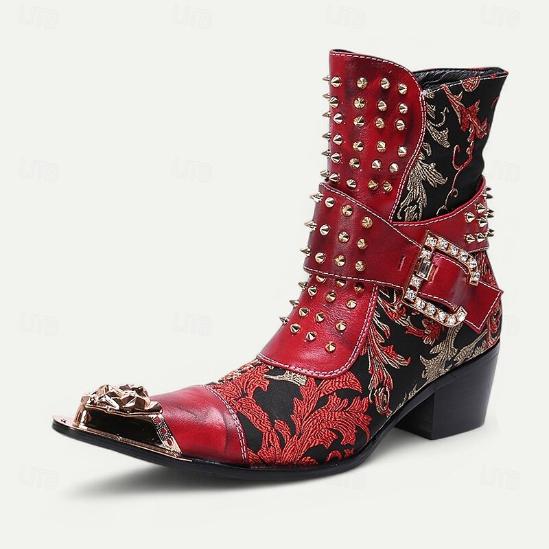 Men's Red Studded Gothic Ankle Boots – Punk Rock Style Leather Buckle Boots with Side Zipper for Concerts, Festivals and Party Fashion2