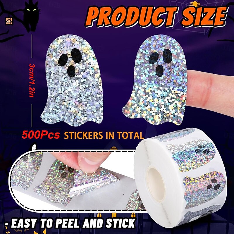 500pcs*2 Cute Laser Ghost Stickers 3.8cm/1.5in Cute Ghost Sealing Stickers Self-Adhesive Paper Halloween Halloween Decorations Gift Decoration Stickers Suitable for Birthdays Gifts Halloween4