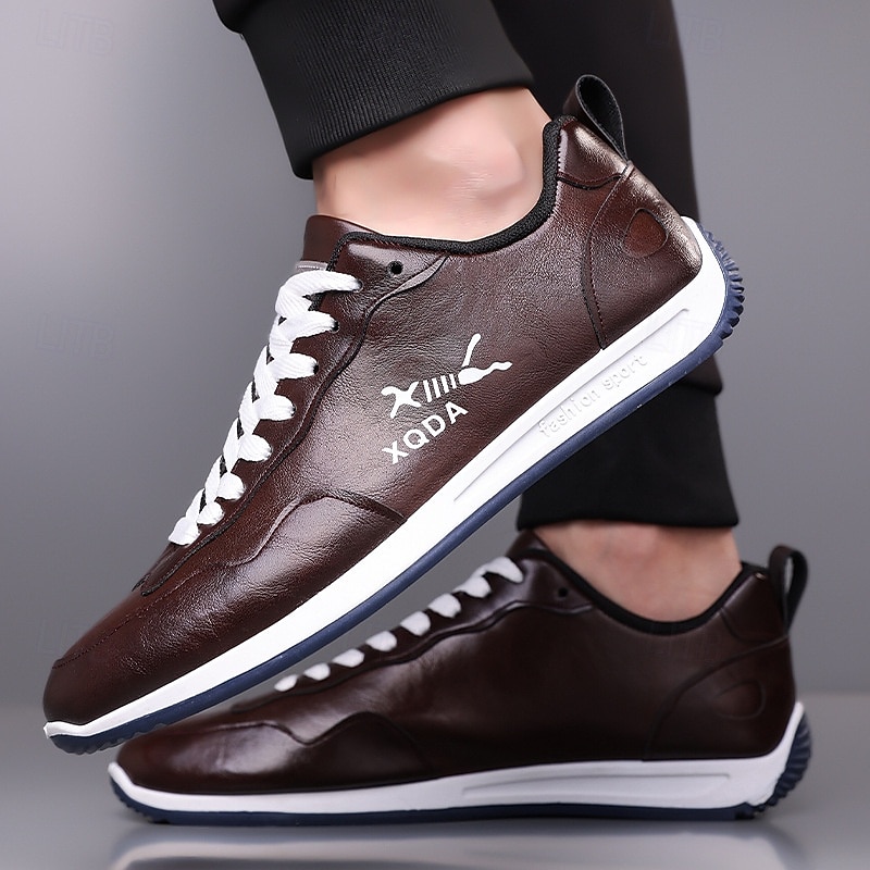 Men's Brown Faux Leather Casual Sneakers – Lightweight Lace-Up Sport Shoes for Walking, Travel and Everyday Wear4