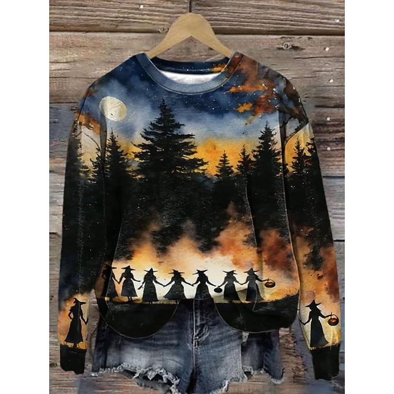 Women's Pullover Graphic Halloween Witch Casual Long Sleeve Crew Neck Regular Tops Street Dailywear Casual Print Blue Spring Fall Winter