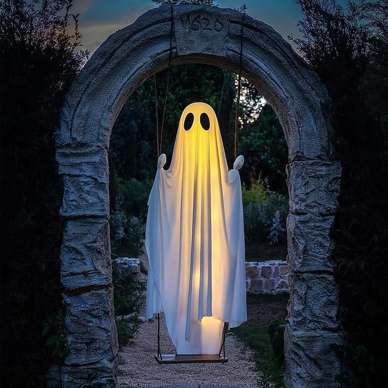 Halloween Swinging Ghost Decorations Outdoor 5.9FT Large Hanging Ghost Swing with Remote Control String Lights Spooky Cute Ghosts Decorations for Tree Porch Yard Garden Lawn2
