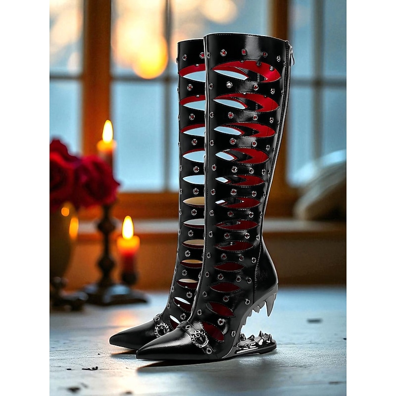 Women's Gothic Cutout Knee-High Heels with Spiked Sculptural Wedge - Black Punk Fetish Boots for Halloween, Cosplay and Alternative Fashion Parties