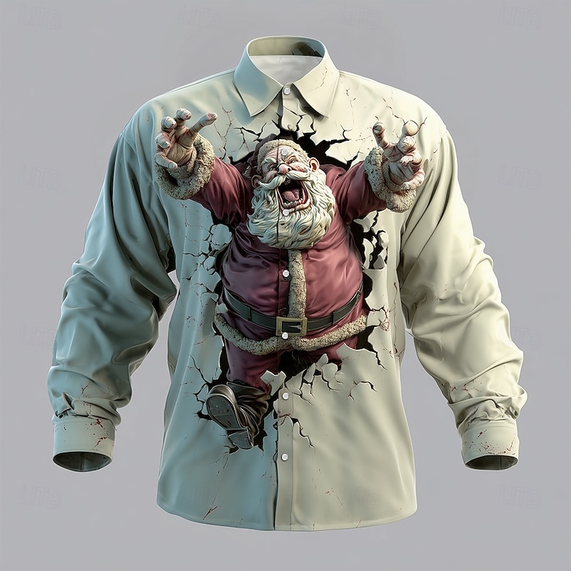 Halloween Men's Santa Claus Zombies Cracked Wall Shirt Button Up Shirt Long Sleeve Dark Punk Gothic Style Outdoor Holiday Summer Spring Turndown 3D Print Collared Shirts Blue green Green