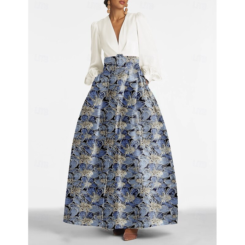 Jacquard Brocade Floral A-Line Evening Gown Dress Formal Wedding Guest Floor Length Long Sleeve V Neck Belt Nylon with Slit Pocket