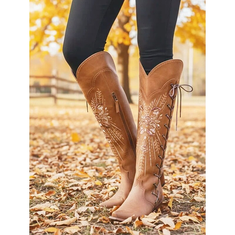 Women's Brown Embroidered Lace-Up Over-the-Knee Cowboy Boots, Western Style for Casual Outfits and Country Events3
