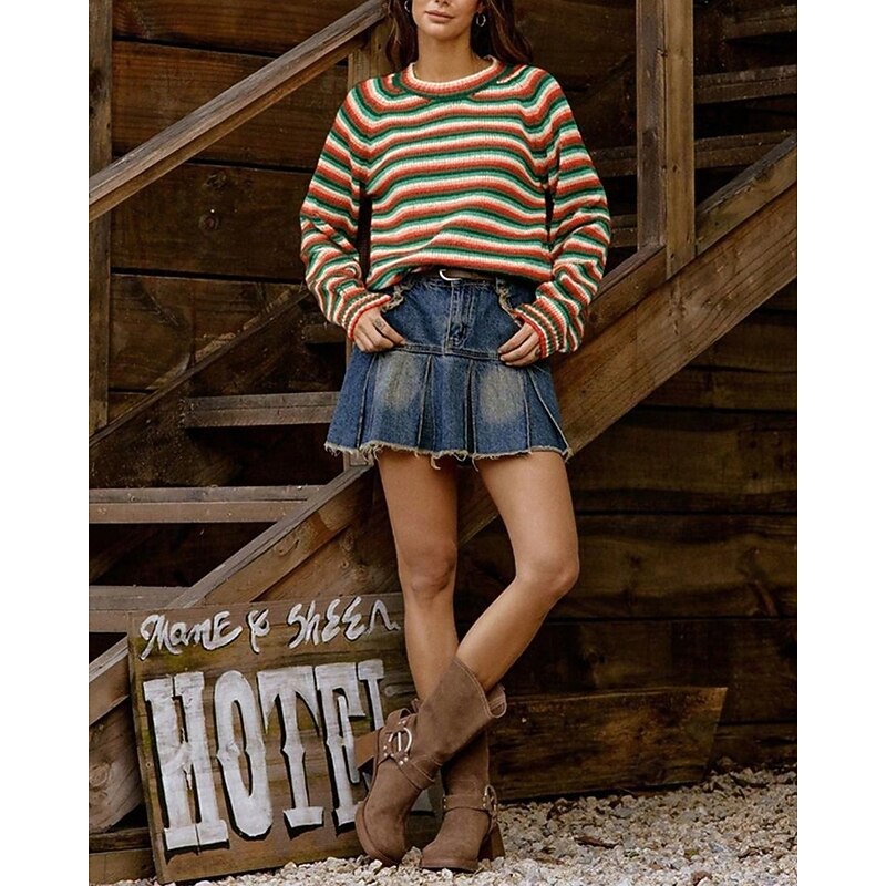 Women's Sweater Pullover Fashion Casual Striped Ribbed Crew Neck Knitted Long Sleeve Regular Tops Knit Outdoor Daily Weekend Green Fall Winter3