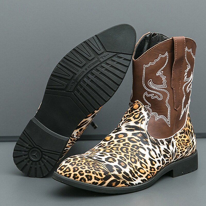 Men's Leopard Print Cowboy Boots – Exotic Faux Leather Western Style Mid-Calf Boots for Rodeo, Stage Performance and Fashion Parties3