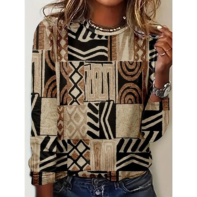 Women's T Shirt Graphic Geometric Vintage Fashion Stylish Long Sleeve Crew Neck Regular Tops Daily Weekend Print Pink Blue Brown Khaki Summer Spring Fall4