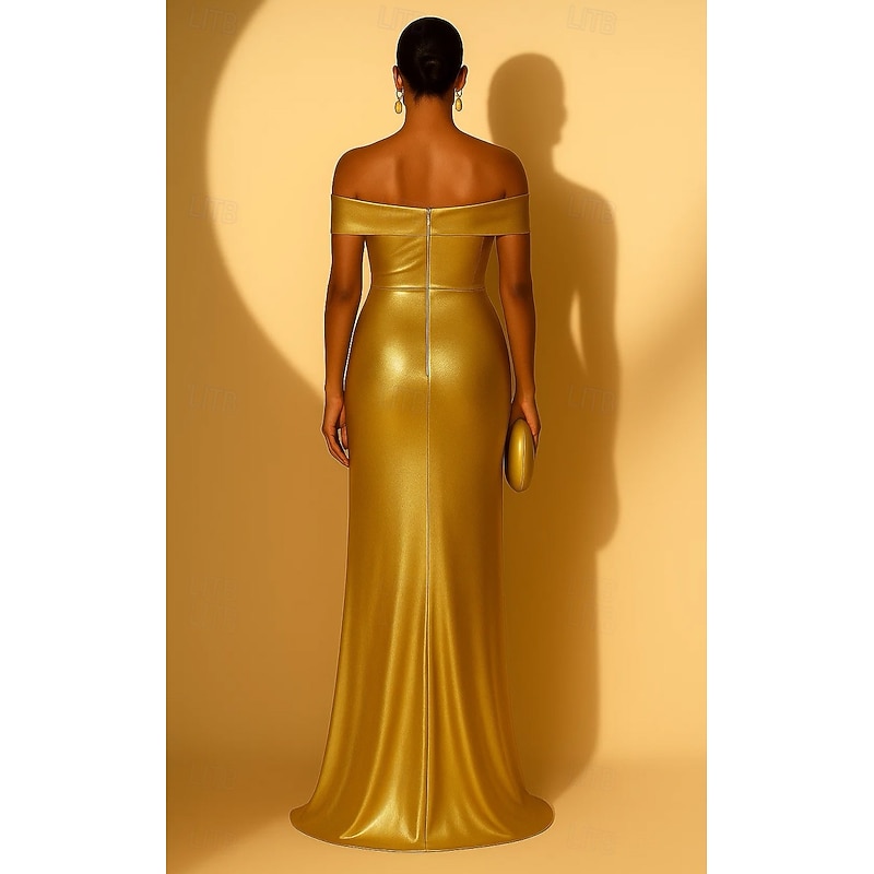 Gold A-Line Lurex Fabric Evening Gown Elegant Dress Formal Wedding Sweep / Brush Train Sleeveless Off Shoulder Lurex Fabric with Ruffles Slit 20253
