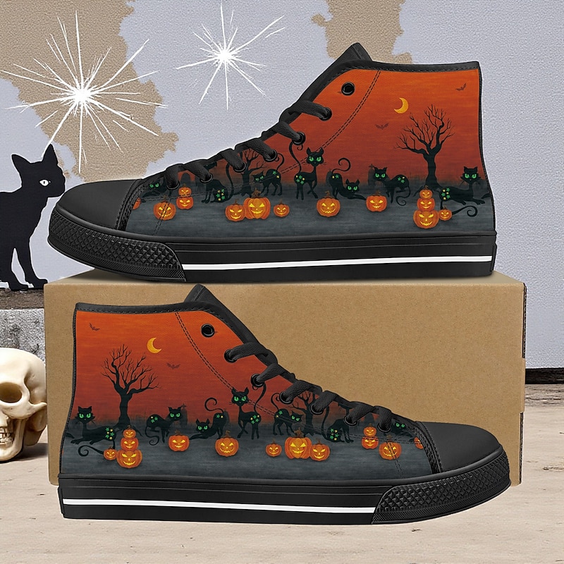 Women's High Top Canvas Sneakers with Cat and Pumpkin Print – Gothic Halloween Party Shoes for Walking and Casual Wear