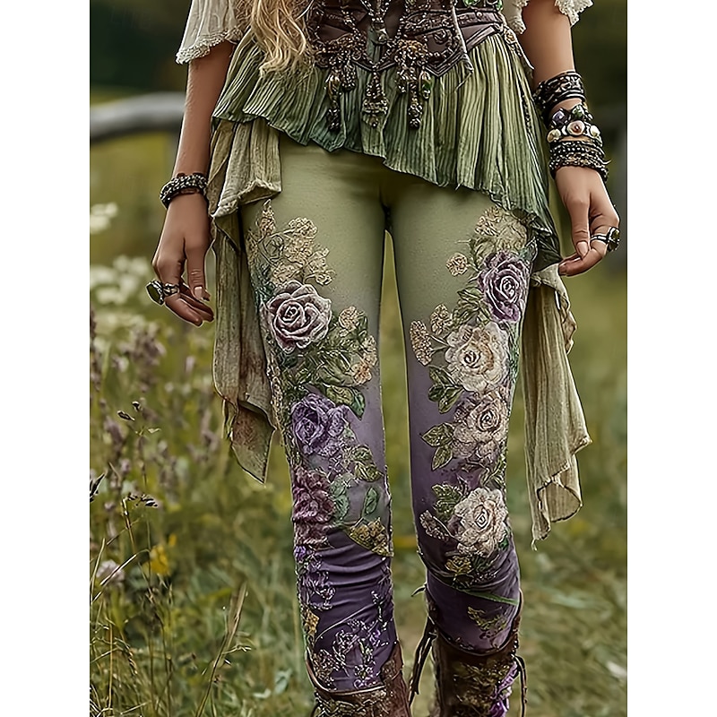 Women's Slacks Leggings Cozy Leggings Vacation Vintage Streetwear Full Length Natural Floral Graphic Flower Embroidered Pocket Elastic Waist Comfy Outdoor Comfortable Outdoor Vacation Street Green2