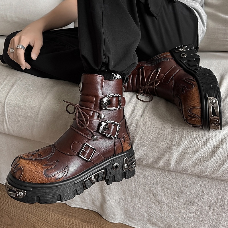 Men's Brown Gothic Flame Platform Boots Lace-Up Punk Biker Boots with Buckles and Metal Details for Halloween Parties, Horror Cosplay and Themed Festivals2