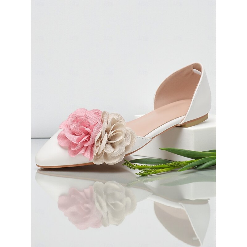 Women's White Wedding Flats with Pink and Beige Flower Decorations, Elegant Bridal Shoes for Brides and Bridesmaids3
