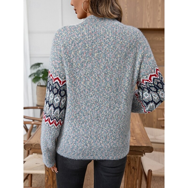 Women's Sweater Casual Soft Geometric Ribbed Crew Neck Knitted Long Sleeve Regular Tops Knit Outdoor Daily Weekend Gray Fall Winter2