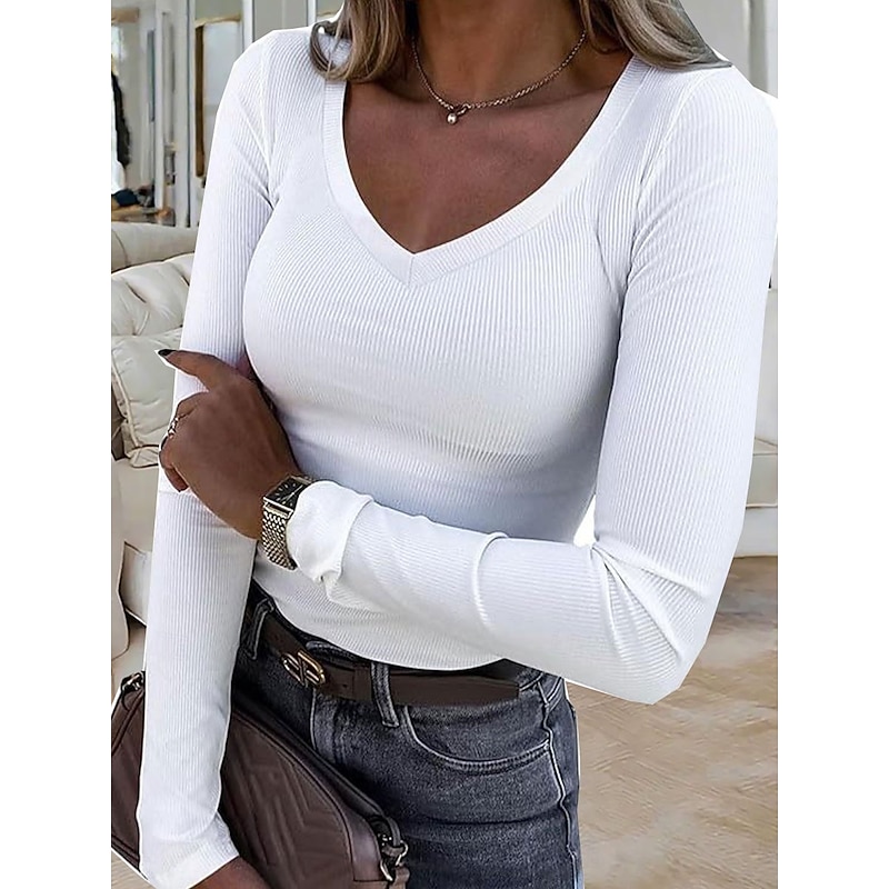 Women's T Shirt Solid Color Stylish Basic Casual Long Sleeve V Neck Regular Tops Daily Black White Pink Blue Dark Gray Spring Fall Winter