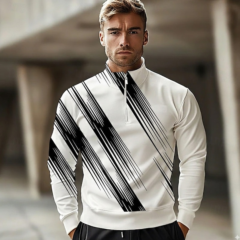 Men's Geometic Line Polo Long Sleeve Standing Collar Athleisure Vacation Athleisure Casual Daily 3D Print Spring Fall Winter Black Purple Blue