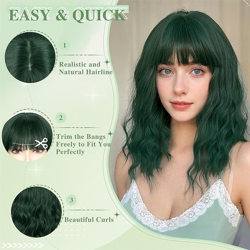 Dark Green Wig with Bangs 14 Inch Bob Wig with Bangs Shoulder Length Green Short Wig for Daily Party Use4