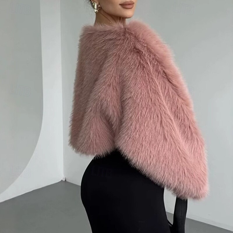 Women's Faux Fur Coat Warm Comfortable Furs & Leathers Casual Plain Vacation Street Daily Wear Going out Pullover Short Crewneck Regular Fit Long Sleeve Outerwear Black Pink Wine Fall Winter3