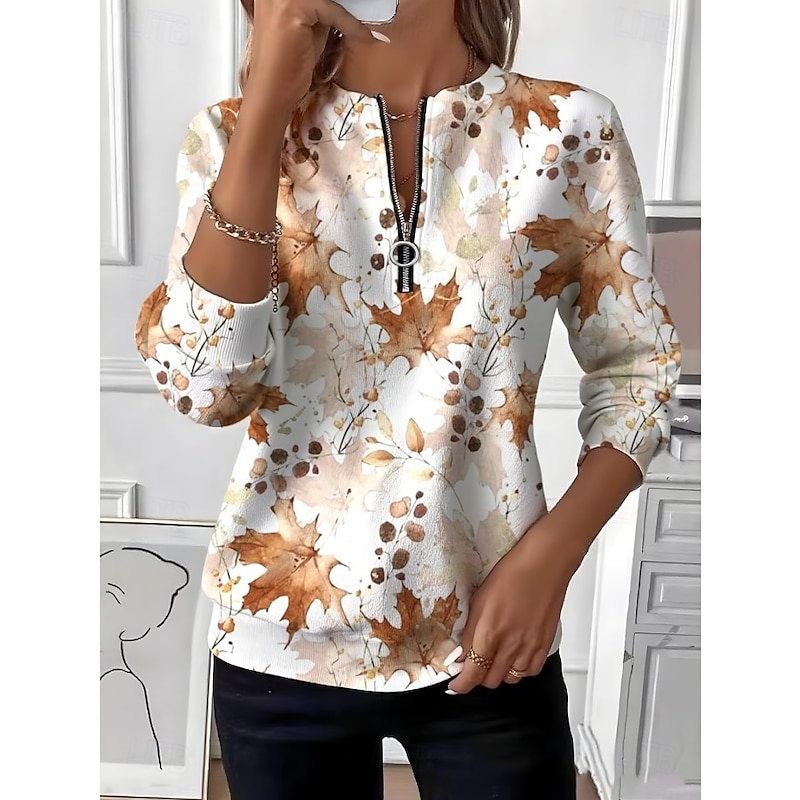 Women's Pullover Sweatshirt Zip Up Sweatshirts Floral Graphic Fashion Casual Long Sleeve Crew Neck Regular Tops Street Dailywear Zipper Print White Yellow Orange Khaki Beige Spring Fall Winter