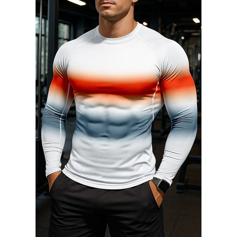 Men's Compression Shirt Running Shirt 3D Print Long Sleeve Shirt Color Gradient Quick Dry Compression Power Flex Moisture Wicking Gym Workout Active Training Exercise Sportswear Activewear Red