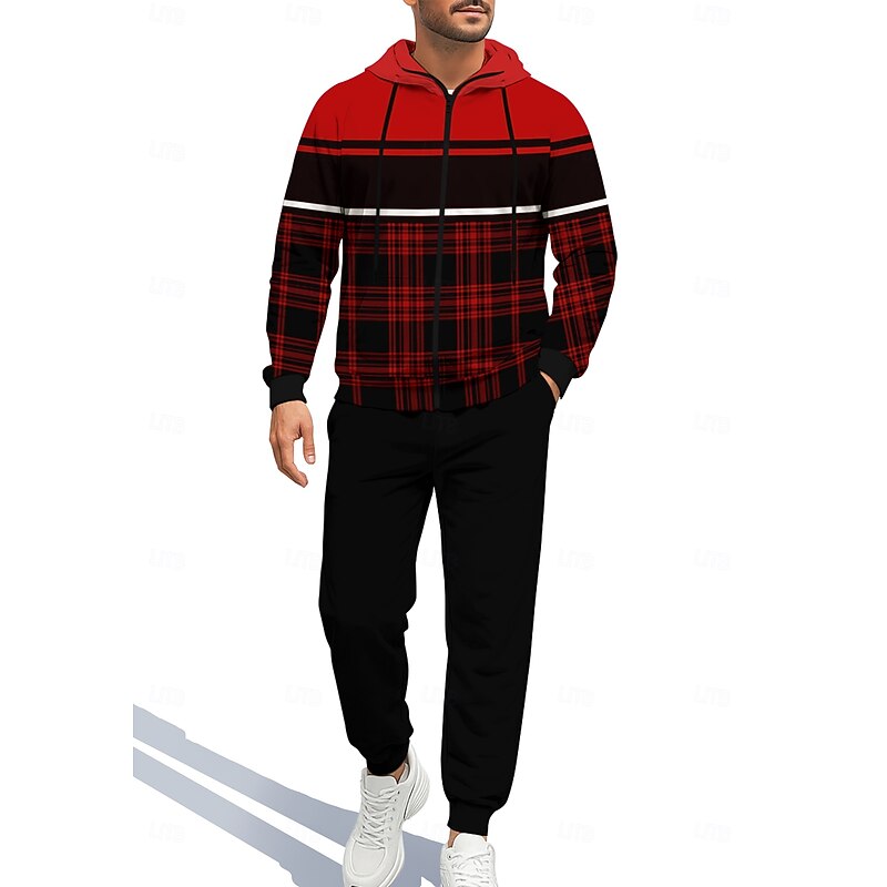 Christmas Men's Hoodie Tracksuit Zip Hoodie Drawstring Pockets Pants Hoodie Sweatshirt Fall Red / black Gym Workout Casual Basketball Baggy Long Sleeve Sport Activewear Stretchy Regular Fit