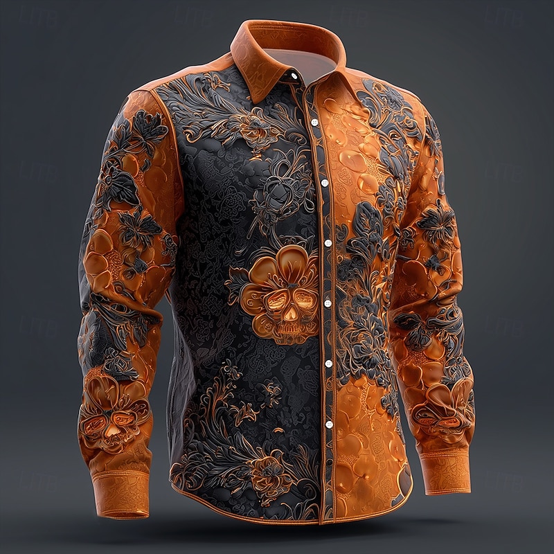 Men's Floral Print Gothic Day of the Dead Shirt Button Up Shirt Long Sleeve Vintage Retro Outdoor Holiday Spring Fall Turndown 3D Print Linen Like Shirt Orange