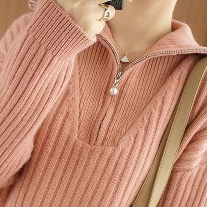 Women's Sweater Pullover Fashion Basic Casual Pure Color Ribbed Half Zip Zipper Knitted Long Sleeve Regular Tops Knit Outdoor Daily Weekend Pink Fall Winter2