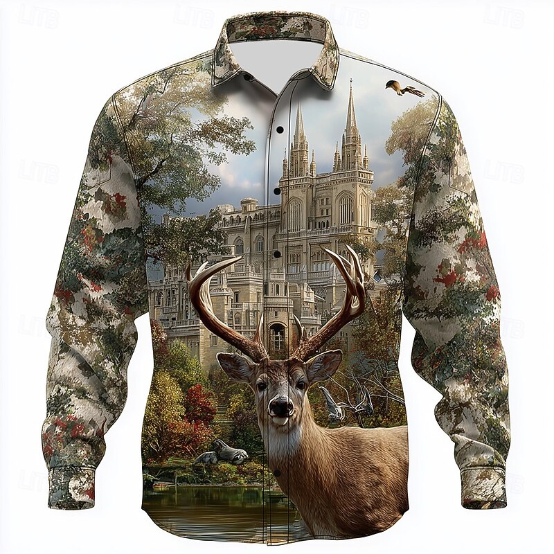 Men's Reindeer Castle Hunting Shirt Button Up Shirt Long Sleeve Vintage Retro Outdoor Camping & Hiking Hunting Spring Fall Turndown 3D Print Collared Shirts Blue 1# Blue