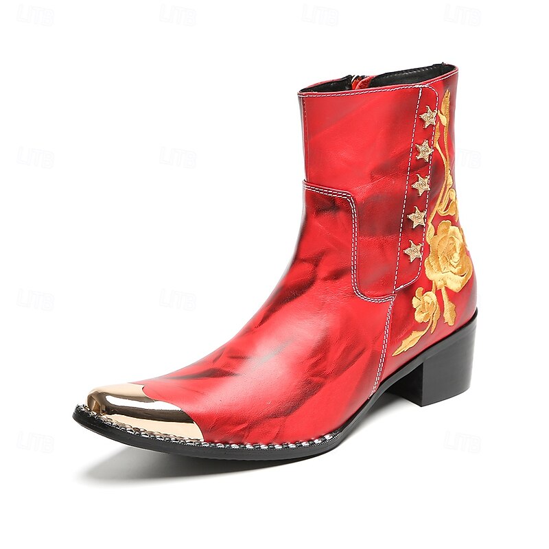 Men's Genuine Cowhide Leather Red Zip-Up Ankle Boots with Gold Floral Detail – Stylish Western Punk Boots for Festivals and Performances2