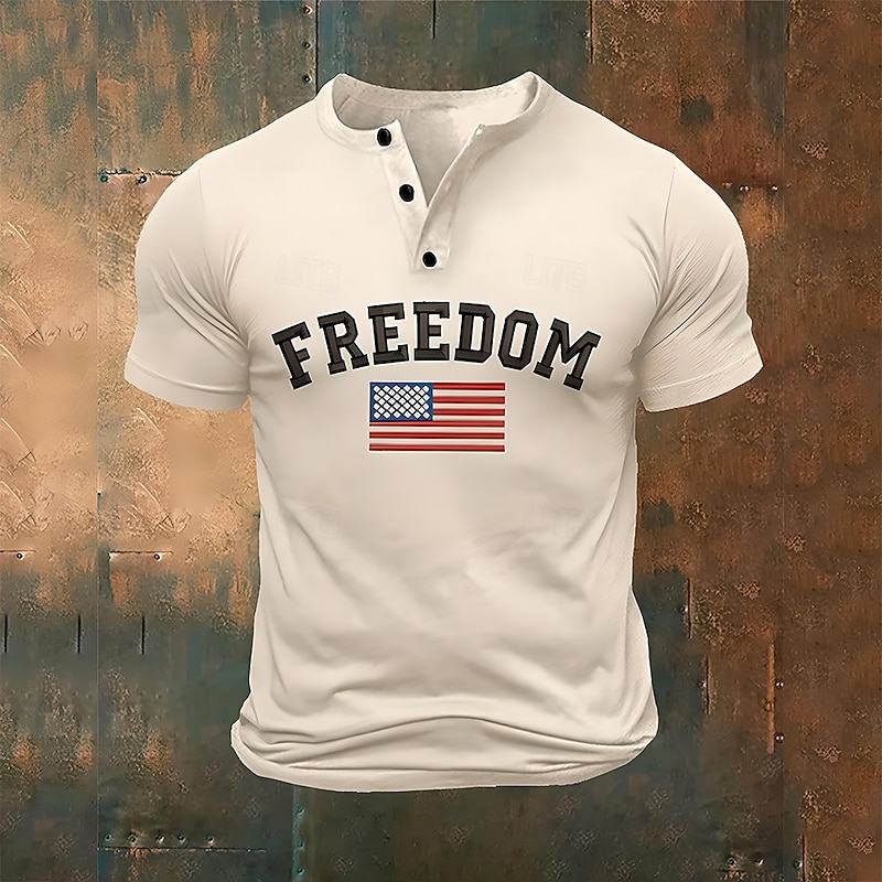 Men's Letter American Flag Short Sleeve Shirt T shirt Tee Tee Top Short Sleeve T shirt 3D Print Henley Shirt Fashion Designer Casual Vacation Daily Holiday White Khaki All Seasons Clothing Apparel S