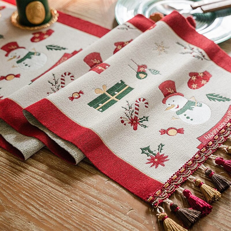 Christmas Style Thickened Cotton Linen Table Runner, American Holiday Long Rectangular Tablecloth for Dining Table, Coffee Table, TV Cabinet Cover4