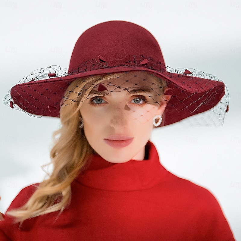 Hats 100% Wool Bowler / Cloche Hat Fedora Hat Wedding Ladies Day Elegant Wedding With Tulle Headpiece Headwear2