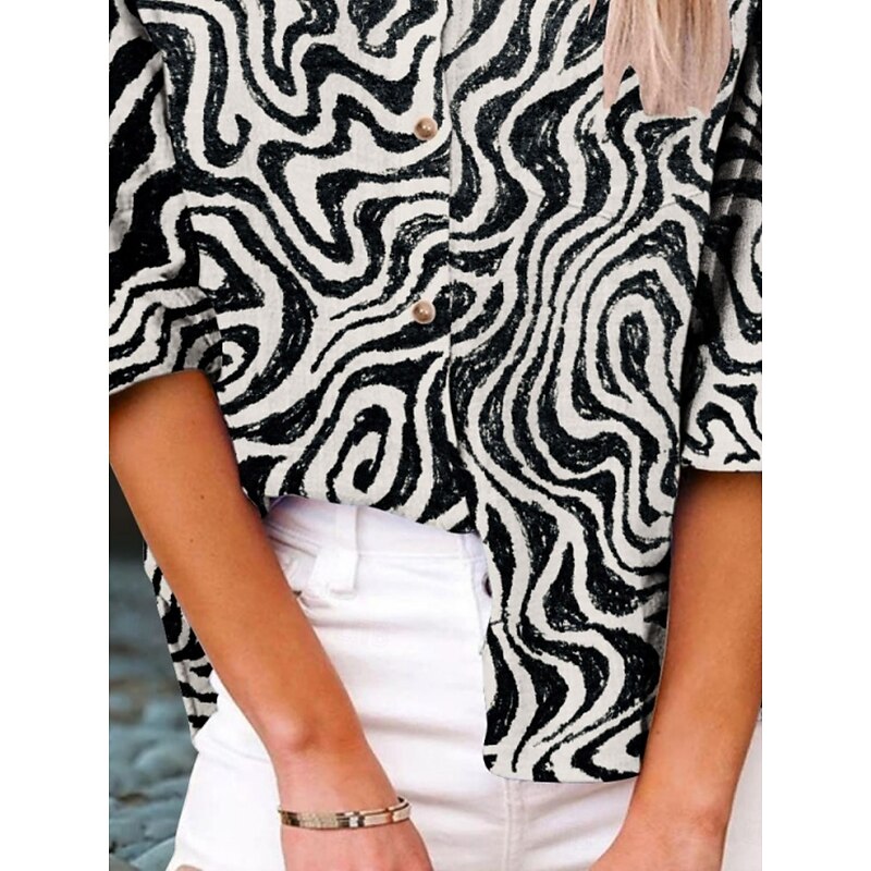 Women's Shirt Geometric Active Daily Stylish Long Sleeve Shirt Collar Regular Tops Daily Holiday Buttons Print Black Summer Spring Fall3