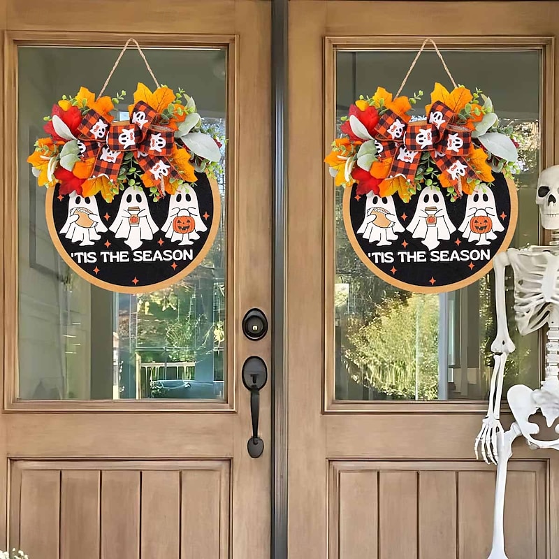 Halloween Cute Ghost Door Sign BOO, Autumn Faux Flower Wreath, Home Hanging Decor, Halloween Party Decoration, Ghost Wooden Plaque Craft, Seasonal Door Ornament4