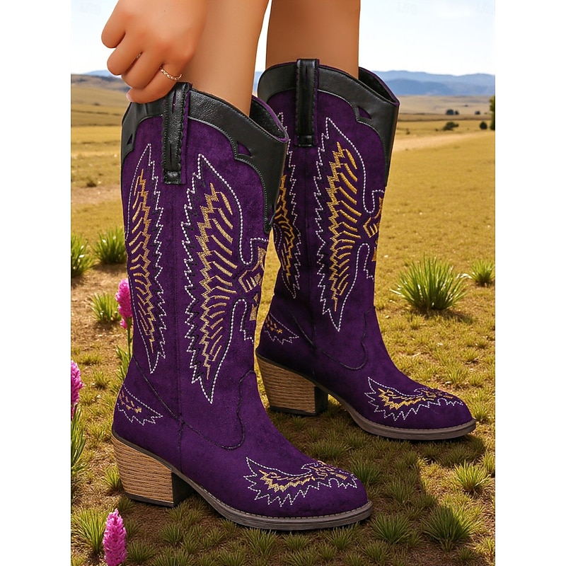 Women's Purple Western Cowboy Boots with Embroidered, Farm Style Mid-Calf Boots with Block Heel for Country, Rodeo and Casual Wear3