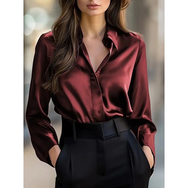 Women's Elegant Dressy Satin Blouse Plain Stylish Casual Long Sleeve V Neck Regular Tops Daily Buttons Black Wine Blue Brown Fall2