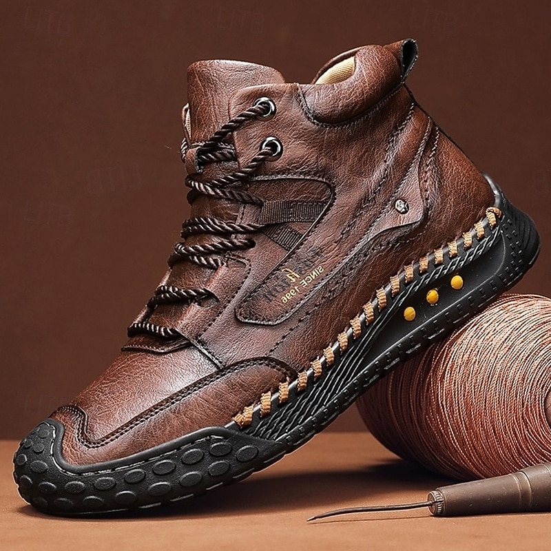 Men's Brown High Top Casual Boots with Lace-Up Design, Soft Comfortable Sole, Durable Outdoor Walking Shoes for Autumn, Winter and Daily Wear