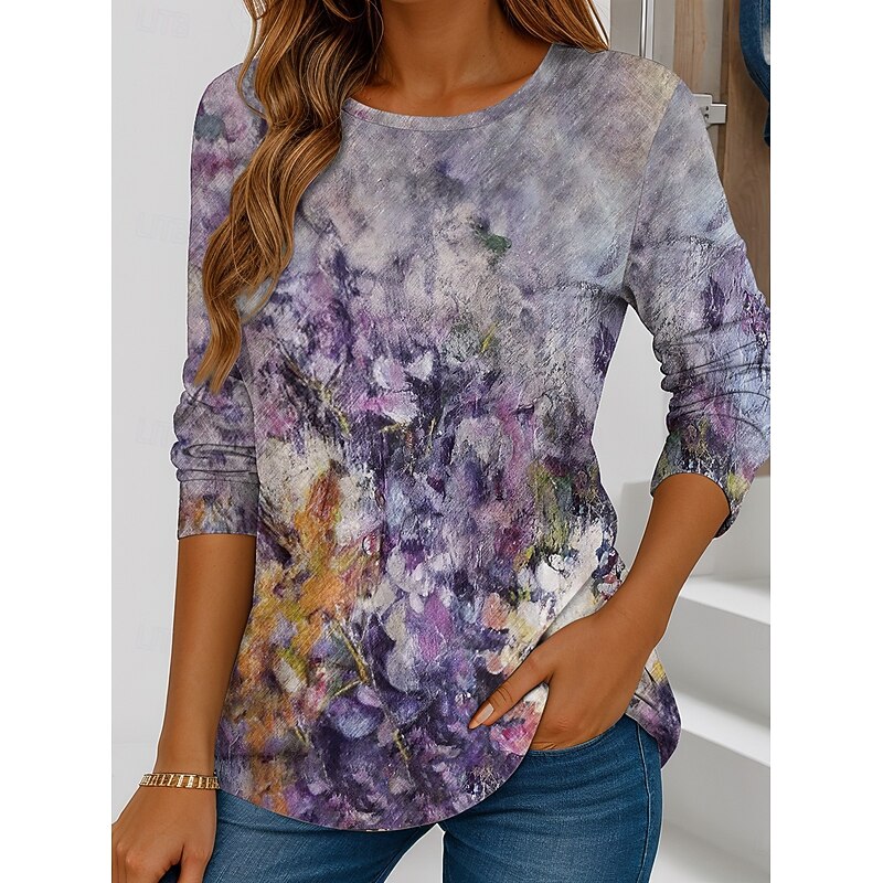 Women's T Shirt Graphic Plants Vintage Stylish Classic Long Sleeve Crew Neck Round Neck Regular Tops Daily Print Light Brown Purple Brown Spring Fall Winter3