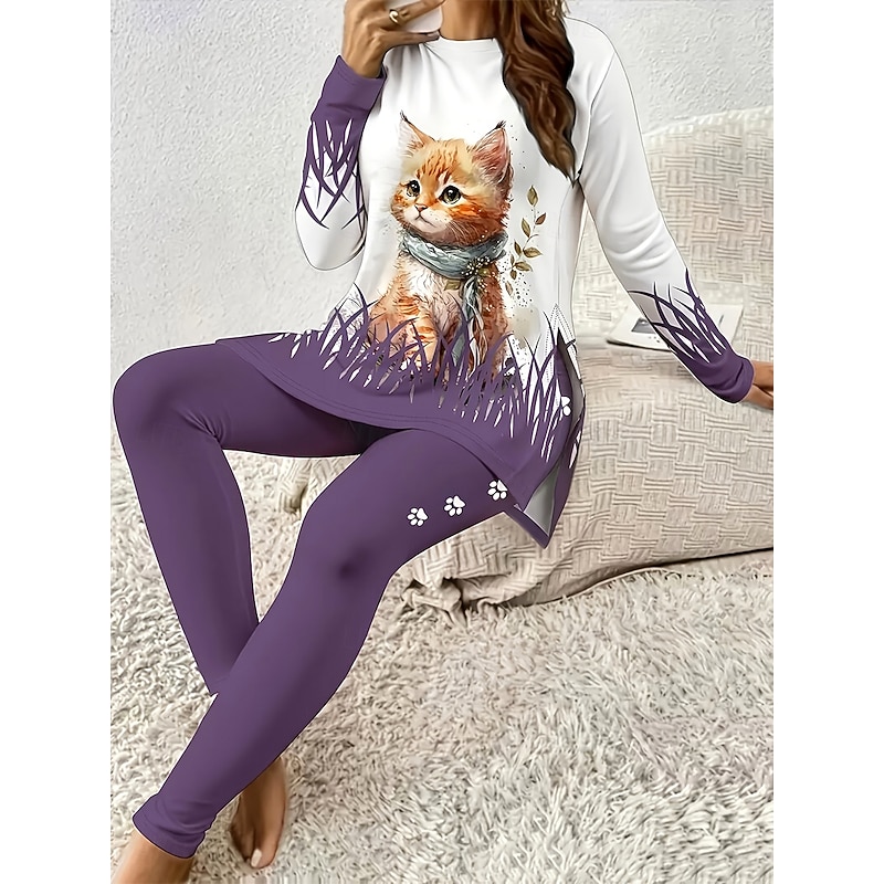 Women's Elegant Vacation Fashion T Shirt Pants Sets Long Sleeve Crew Neck Round Neck Graphic Animal Cat Print Casual Daily Casual Daily Grape Spring Regular Fit