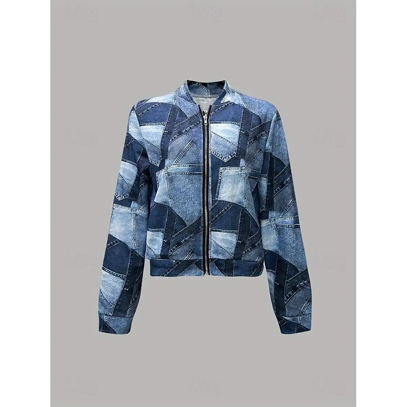 Women's Casual Jacket Warm Quick Dry Zipper Pocket Elegant Fashion Daily Simple Camouflage Vacation Casual Daily Holiday Short Baseball Collar Regular Fit Long Sleeve Outerwear Navy Blue Blue Fuchsia2